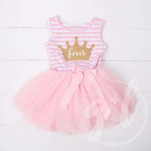 4th Birthday Dress Gold Crown "FOUR" Pink Stripe Sleeveless - Grace and Lucille