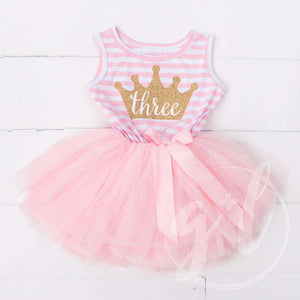 3rd Birthday Dress Gold Crown "THREE" Pink Striped Sleeveless - Grace and Lucille