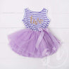 2nd Birthday Dress Gold Script "TWO" Purple Striped Sleeveless - Grace and Lucille