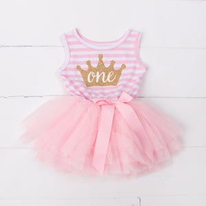 1st Birthday Dress Gold Crown "ONE" Pink Stripe Sleeveless - Grace and Lucille