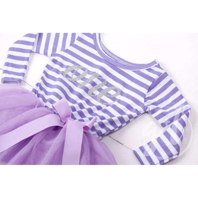 1st Birthday Dress Silver Script "ONE" Purple Striped Long Sleeve - Grace and Lucille