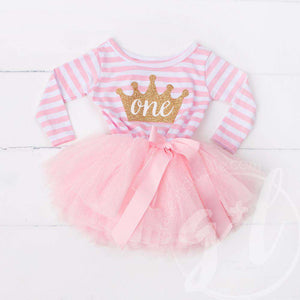 1st Birthday Dress Gold Crown "ONE" Pink Stripe Long Sleeves - Grace and Lucille