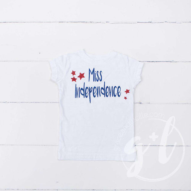 "Miss Independence" 4th of July Tee Shirt Outfit &  Blue Sequin Bow on Red Stripe Headband - Grace and Lucille