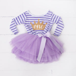 1st Birthday Dress Gold Crown "ONE" Purple Stripe Long Sleeves - Grace and Lucille