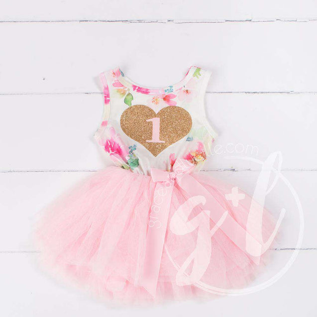 Pink Floral Heart of Gold 1st Birthday Outfit, "1" Pink Floral Sleeveless Dress with Gold & Pink Headband - Grace and Lucille