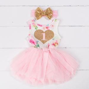 Pink Floral Heart of Gold 1st Birthday Outfit, "1" Pink Floral Sleeveless Dress with Gold & Pink Headband