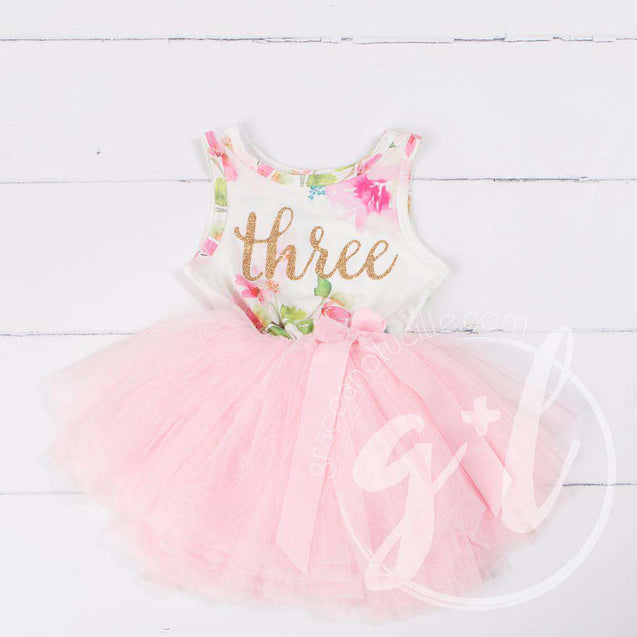 Pink Floral Third Birthday Outfit, "THREE" Pink Floral Sleeveless Dress with Pink Party Hat - Grace and Lucille