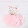 Pink Floral Third Birthday Outfit, "THREE" Pink Floral Sleeveless Dress with Gold & Pink Headband - Grace and Lucille