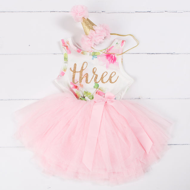 Pink Floral Third Birthday Outfit, "THREE" Pink Floral Sleeveless Dress with Pink Party Hat