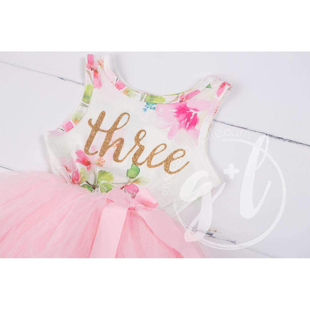 Pink Floral Third Birthday Outfit, "THREE" Pink Floral Sleeveless Dress with Pink Party Hat - Grace and Lucille