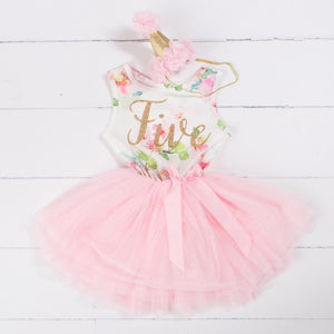 Pink Floral Fifth Birthday Outfit, "FIVE" Pink Floral Sleeveless Dress with Pink Party Hat