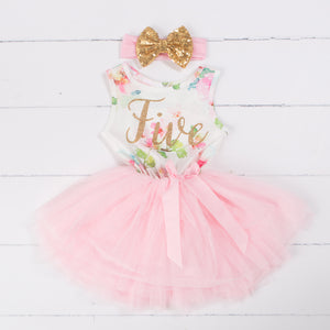 Pink Floral Fifth Birthday Outfit, "FIVE" Pink Floral Sleeveless Dress with Gold & Pink Headband