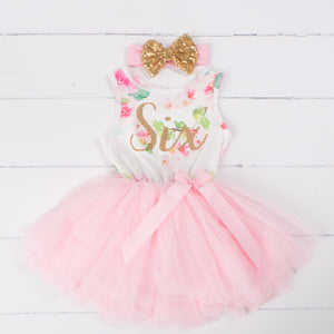 Pink Floral Sixth Birthday Outfit, "SIX" Pink Floral Sleeveless Dress with Gold & Pink Headband