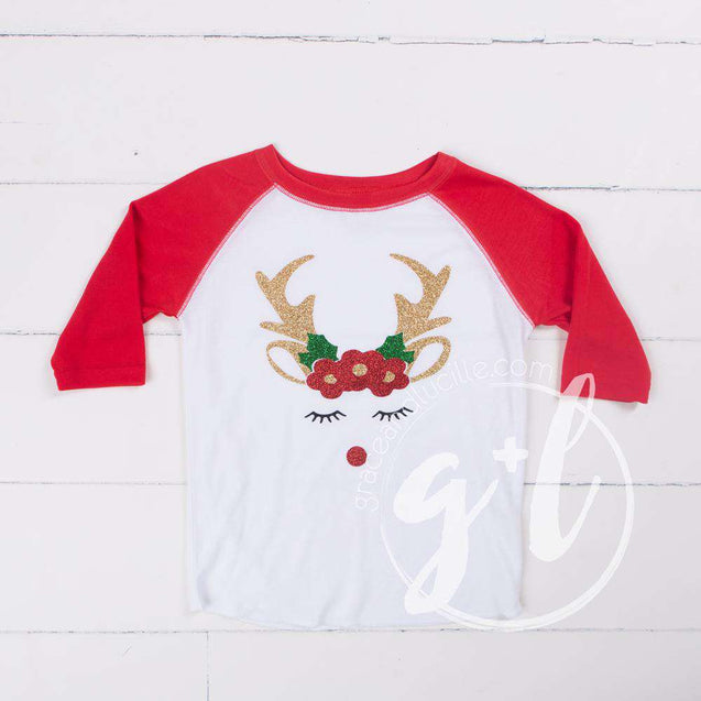 Rosie Reindeer Christmas Raglan Tee Shirt, White and Red with Red 2-in-1 Bow/Belt - Grace and Lucille