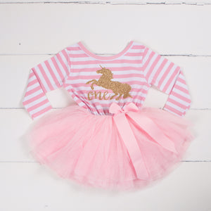 1st Birthday Dress Gold Unicorn " ONE" Pink Striped Longsleeve - Grace and Lucille