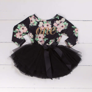 1st Birthday Dress Black and Blush Floral with Gold "ONE" Floral Long Sleeve Dress Combo with Pink Party Hat - Grace and Lucille