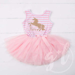 5th Birthday Dress Gold Unicorn "FIVE" Pink Striped Sleeveless - Grace and Lucille