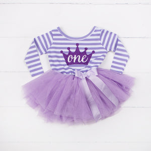 1st Birthday Dress Purple Crown "ONE"  Purple Striped Long Sleeves - Grace and Lucille