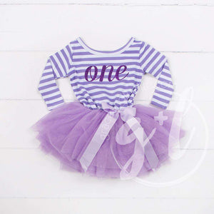 1st Birthday Dress Purple  Script "ONE" Purple Striped Long Sleeves - Grace and Lucille