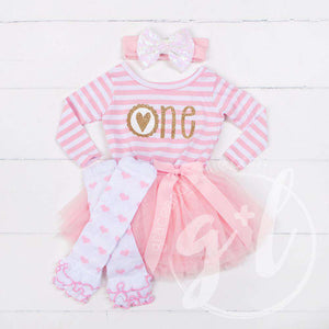 Scalloped Heart Birthday Dress Outfit "ONE" Pink Striped Long Sleeves, Ruffled Pink Heart Leg Warmer - Grace and Lucille